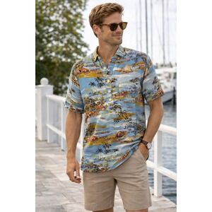 Faherty Bungalow Natives Shirt M Tall Scenic Tropical Rayon Resort Aloha‎